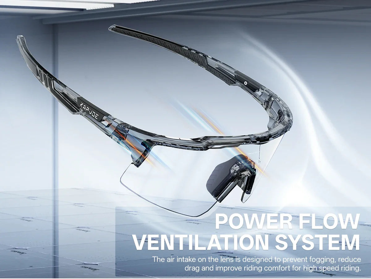 Photochromic cycling sunglasses featuring a power flow ventilation system for improved riding comfort.