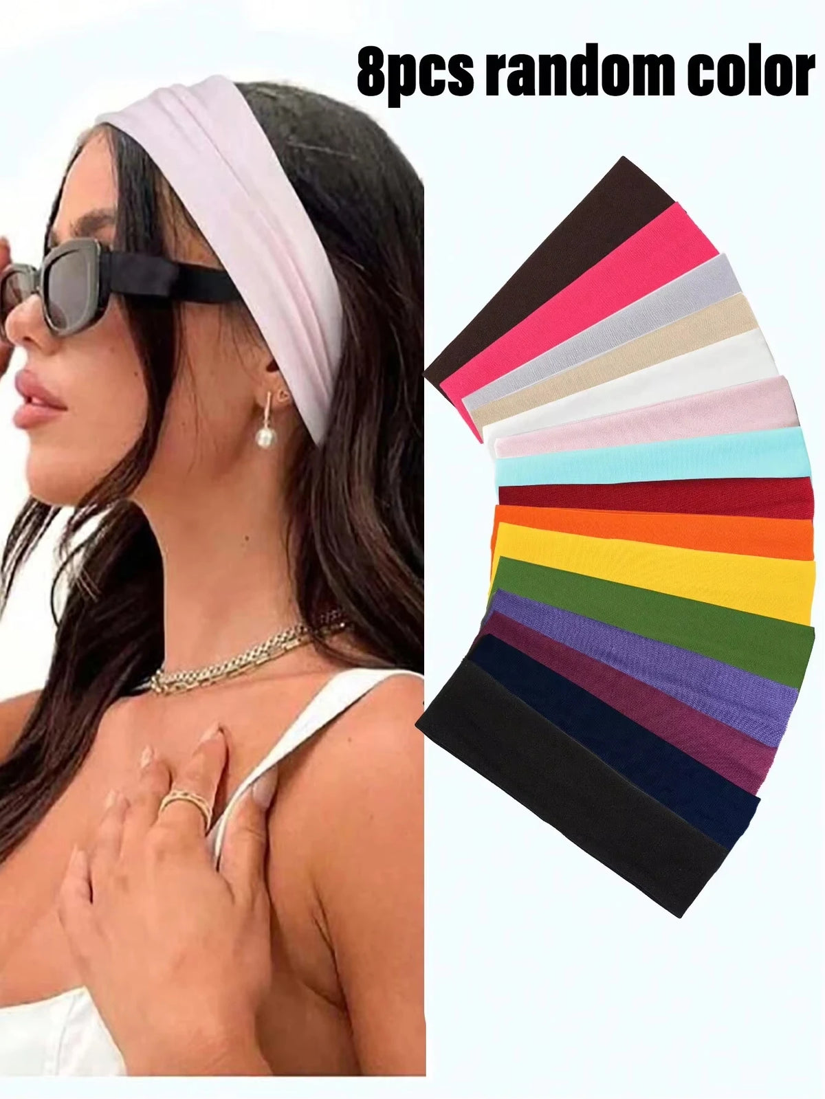 Eight pieces of random color anti-slip elastic headbands shown on a woman's hair and face