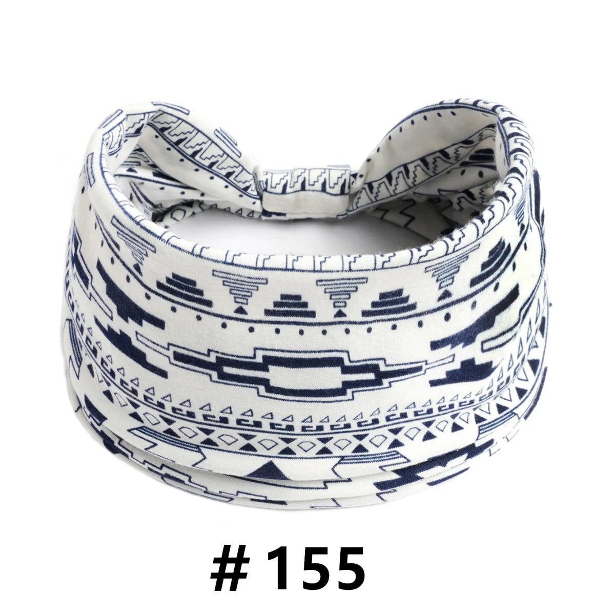 White and navy patterned boho cotton turban headbands for workout and yoga