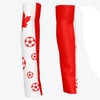 Red and white arm sleeves featuring a maple leaf and soccer ball designs for sports and sun protection