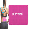 Pink kinesiology tape strips displayed on a pink pad next to a person demonstrating its application on their back.