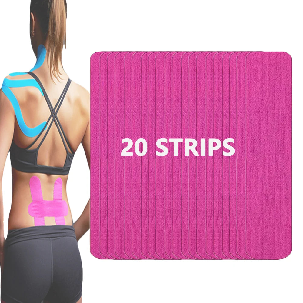 Pink kinesiology tape strips displayed on a pink pad next to a person demonstrating its application on their back.