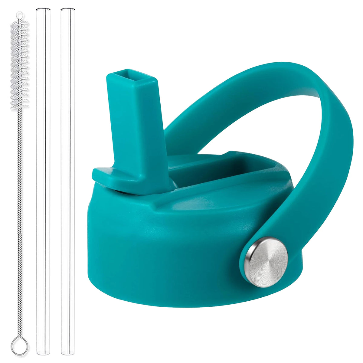 A teal silicone straw lid with a grip and a metal cap is shown against a white background.