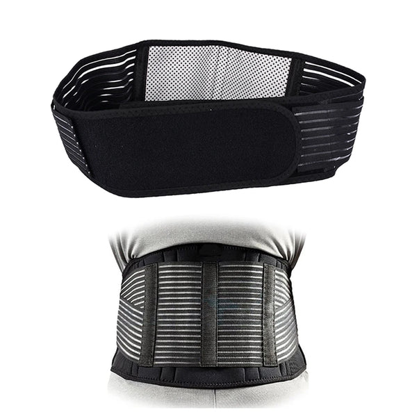 Black sports waist support belt with a mesh panel and striped fabric visible from the top and side.