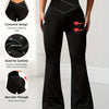 A woman models black summer flare maxi pants with a crossover design and high waist.