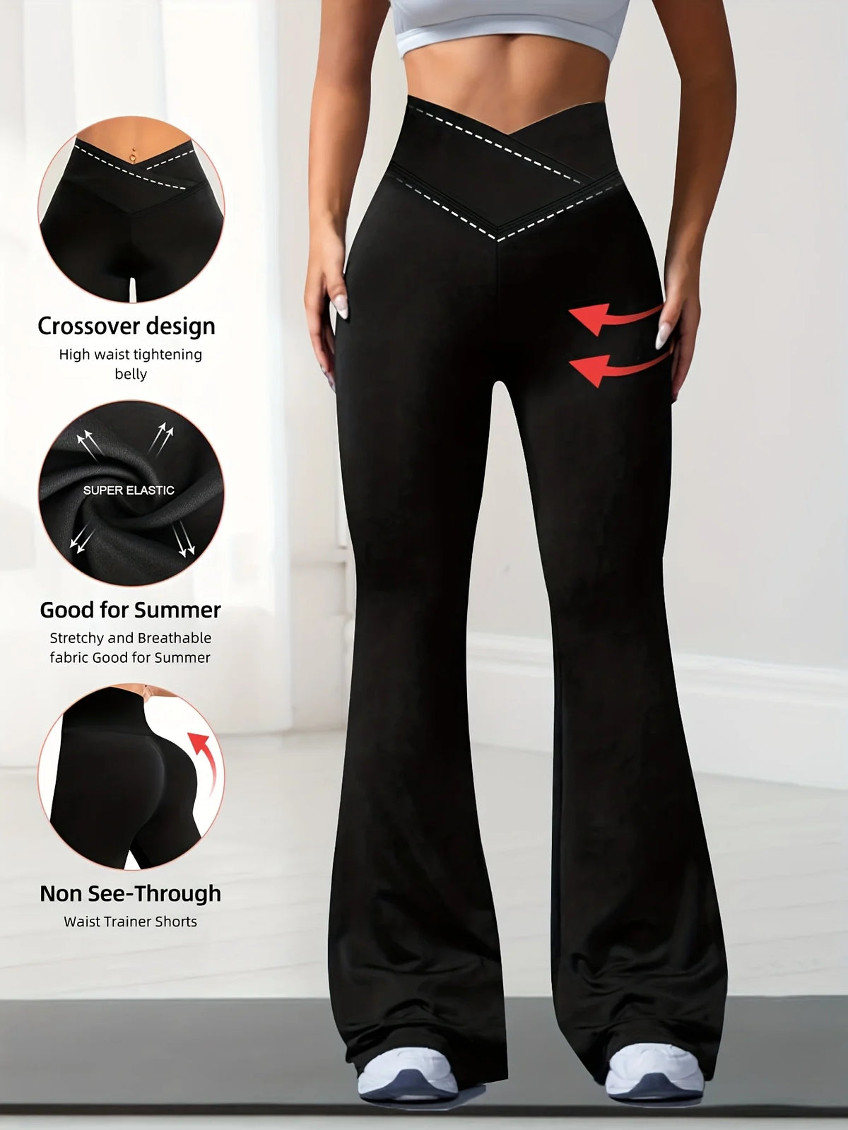 A woman models black summer flare maxi pants with a crossover design and high waist.