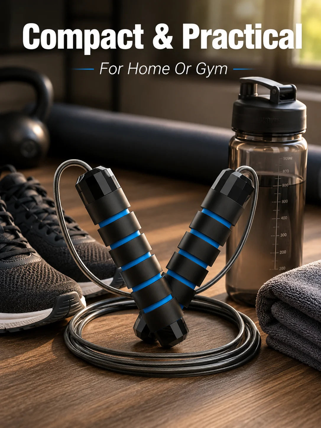 A black adjustable weighted speed jump rope coiled on a wooden surface next to athletic shoes and a water bottle.