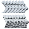 A pack of white non-slip grip socks with black text and a football design, laid out in a row.