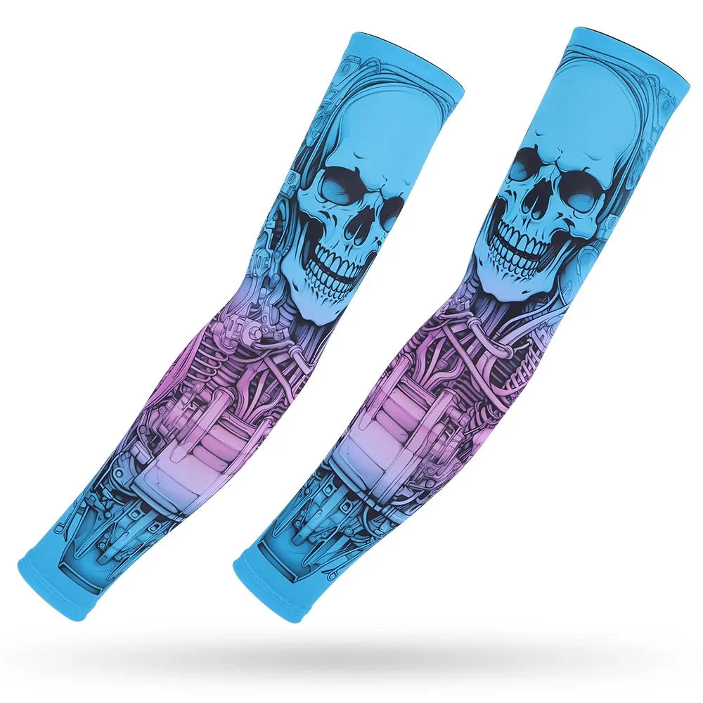 Light blue arm sleeves featuring a detailed skull design with purple and pink accents.