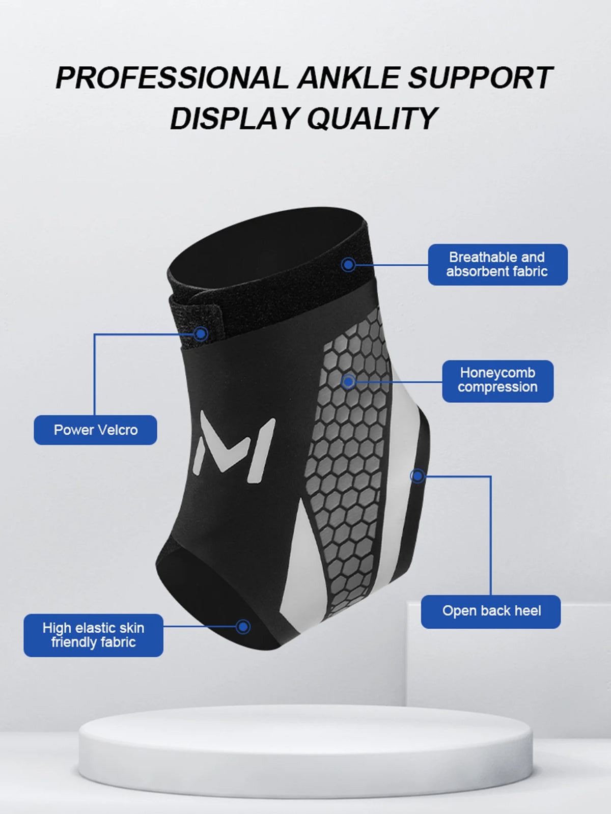 Black and gray compression ankle support foot sleeve displayed on a white surface.