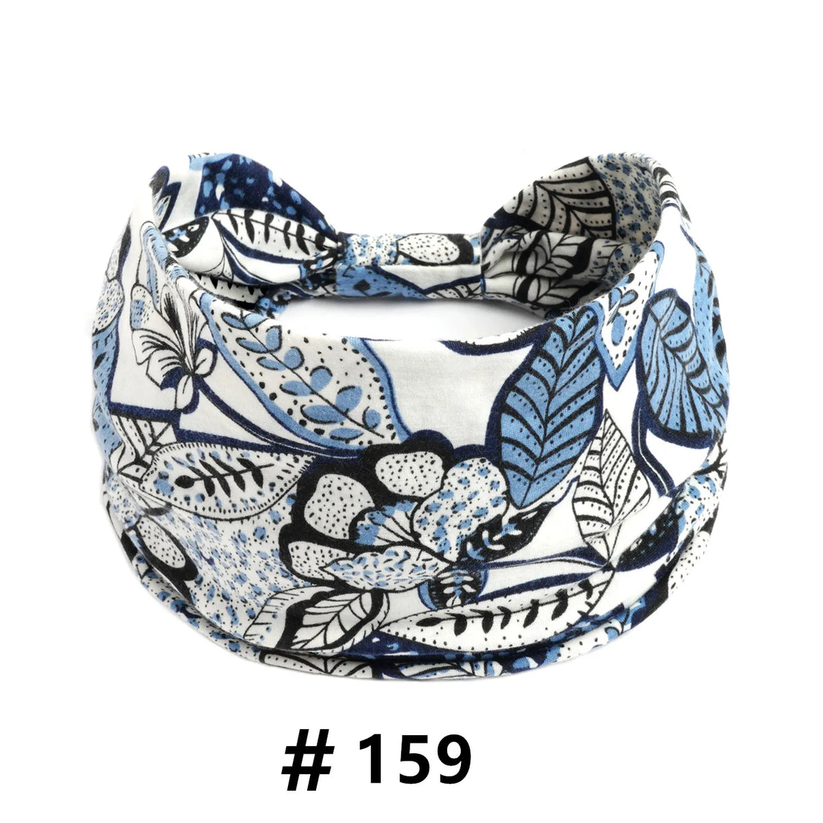 Bandeau élastique en coton boho bleu et blanc à nœud, pour yoga ou sport.