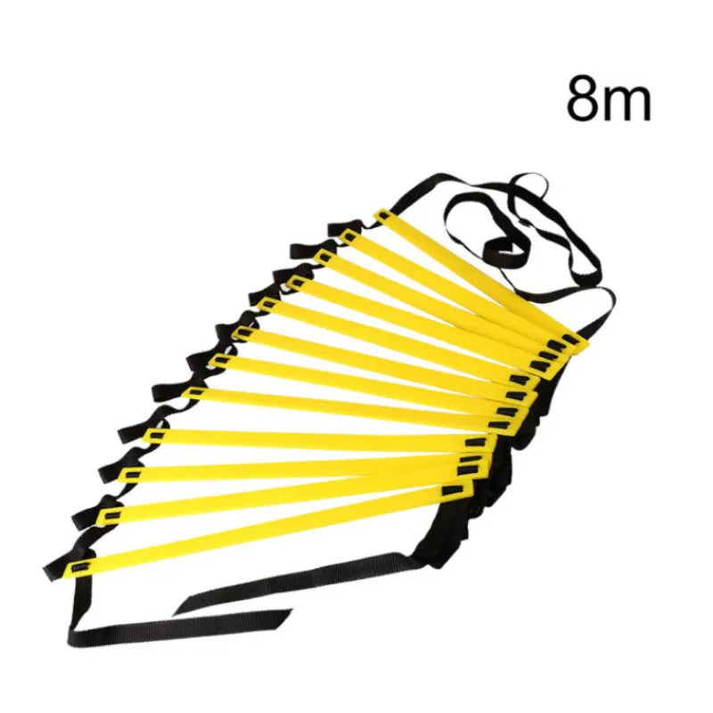A yellow agility ladder stretched out, showing eight meters of length for sports training.