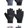 Demonstration of various colored fingerless cycling and fitness gloves shown in pairs.