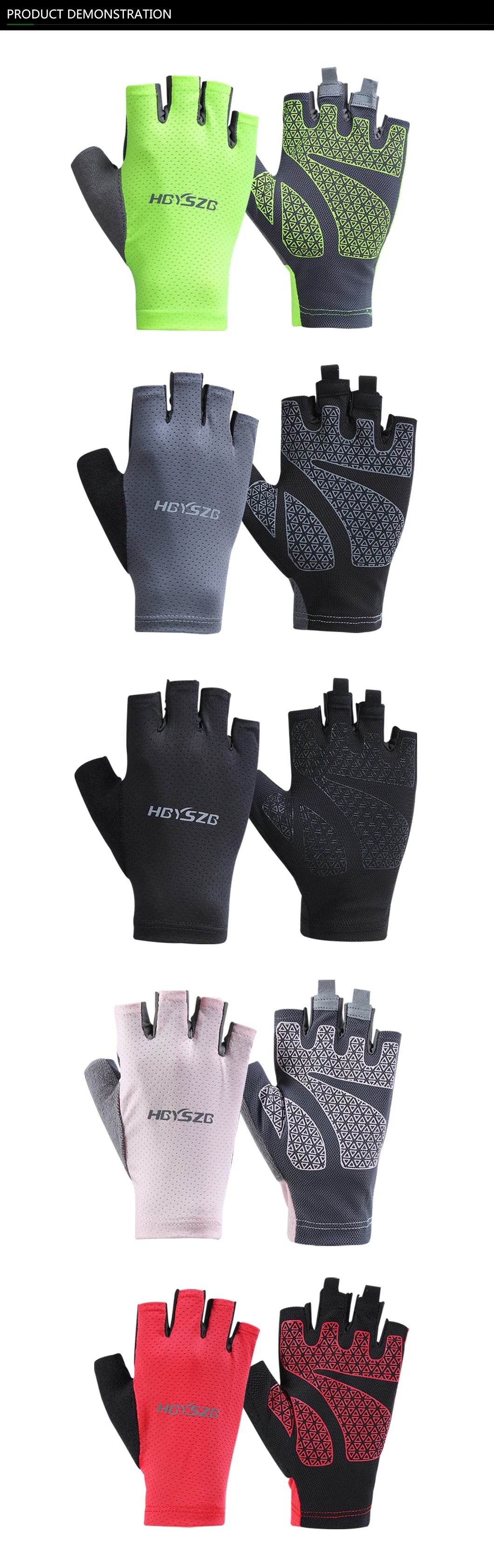 Demonstration of various colored fingerless cycling and fitness gloves shown in pairs.
