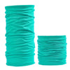 A pair of teal seamless fabric headbands and balaclavas rolled into cylindrical shapes.