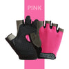 Pink breathable half-finger sport gloves shown against a pink background.