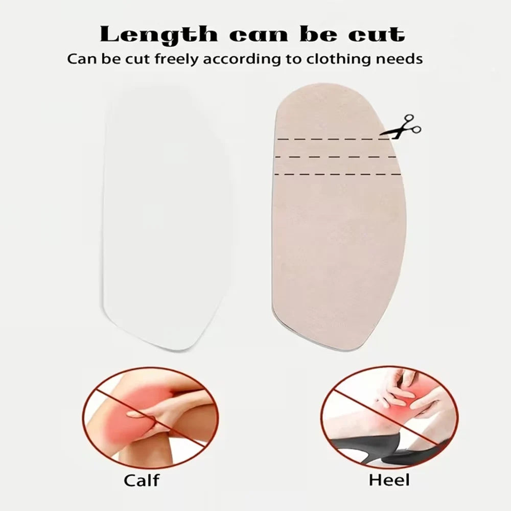 Invisible thigh friction protection pads showing how the length can be cut according to clothing needs for calf and heel.