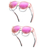 Pink polarized sunglasses with clear frames and UV400 protection