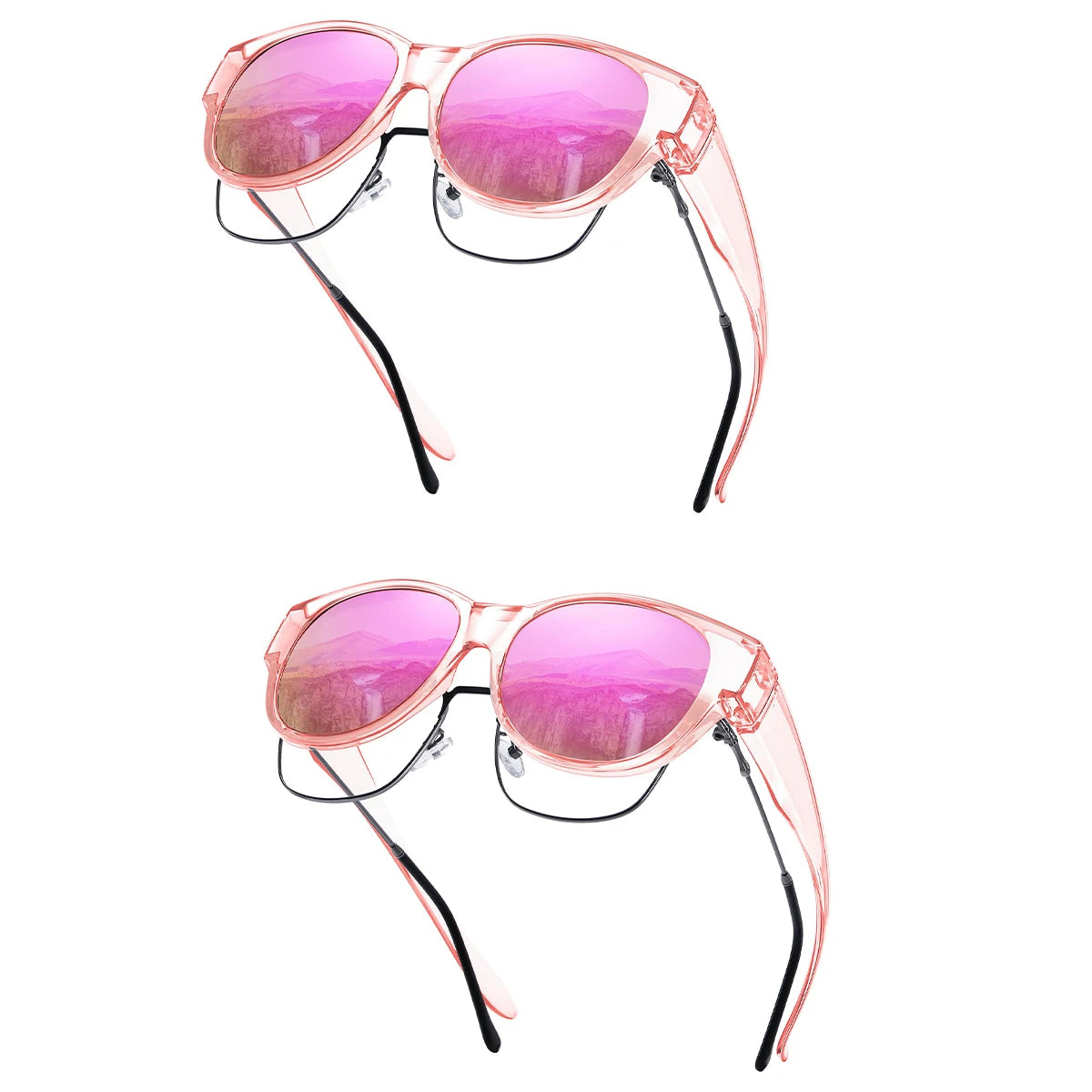 Pink polarized sunglasses with clear frames and UV400 protection