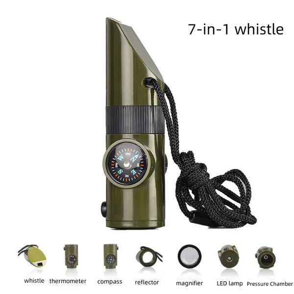 A green 7-in-1 whistle and tool kit featuring a whistle, thermometer, compass, reflector, magnifier, and LED lamp.