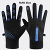 Pair of MAN blue thermal cycling and running gloves shown against a white background.