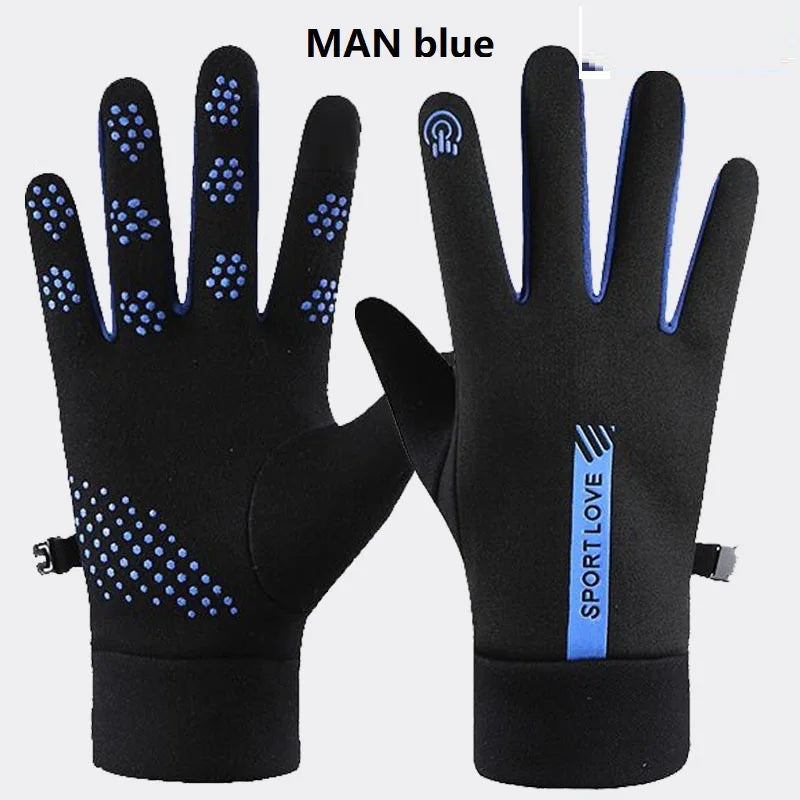 Pair of MAN blue thermal cycling and running gloves shown against a white background.