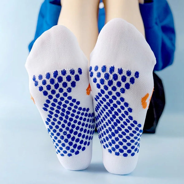 Pair of white running socks with blue patterned toe sections and orange accents
