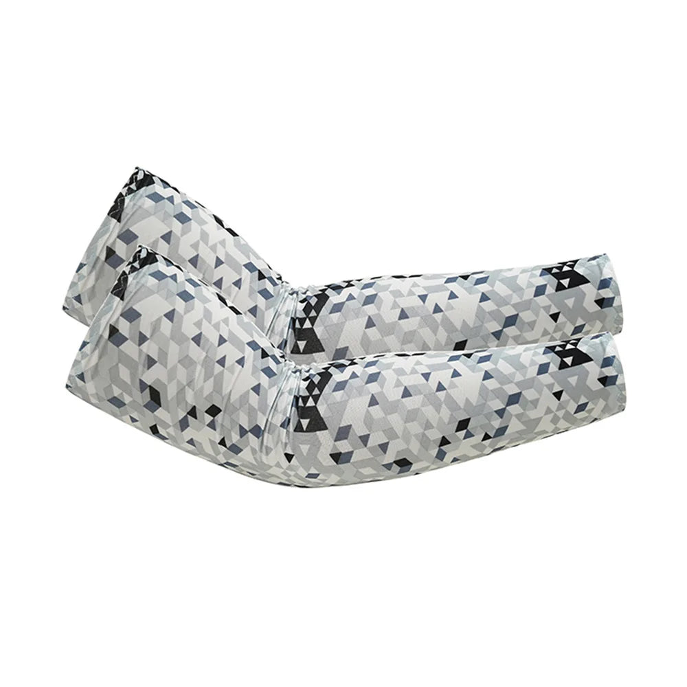 Pair of unisex cooling arm sleeves with a gray and black geometric pattern.