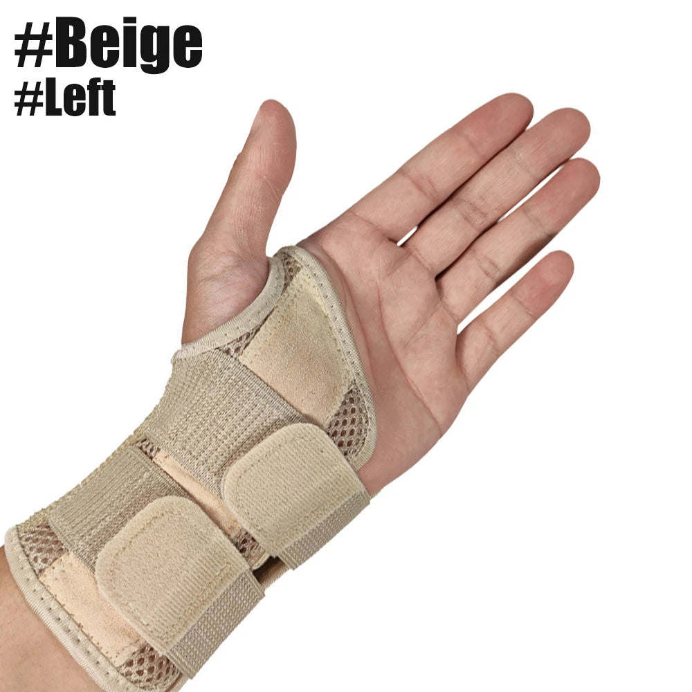 A hand wearing a beige adjustable wrist support brace for pain relief.