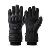 A pair of black heated thermal gloves for motorcycling and winter sports displayed against a white background.