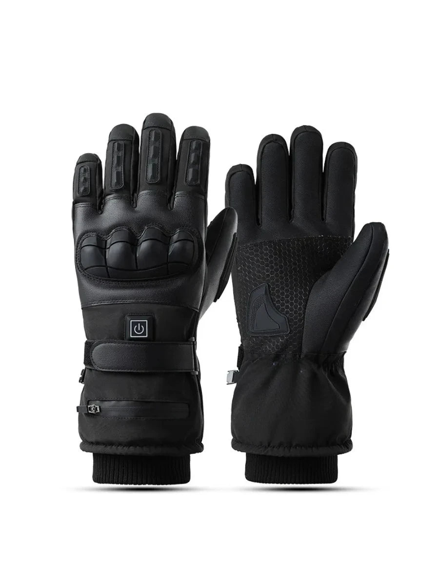 A pair of black heated thermal gloves for motorcycling and winter sports displayed against a white background.