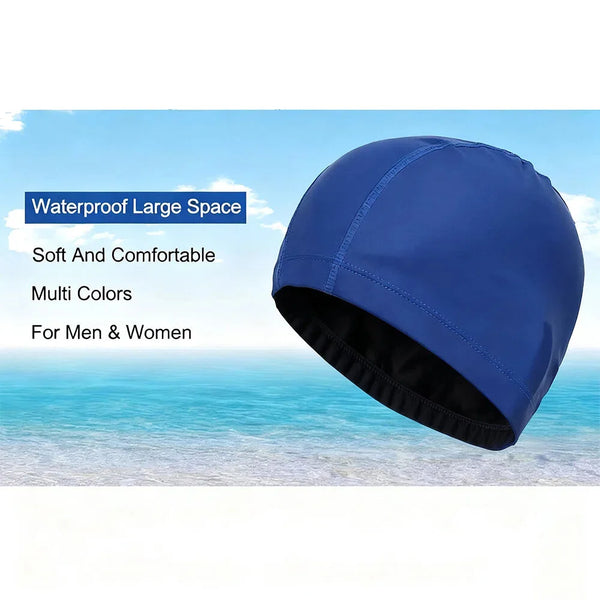 A blue waterproof swim cap shown against a bright blue ocean background.