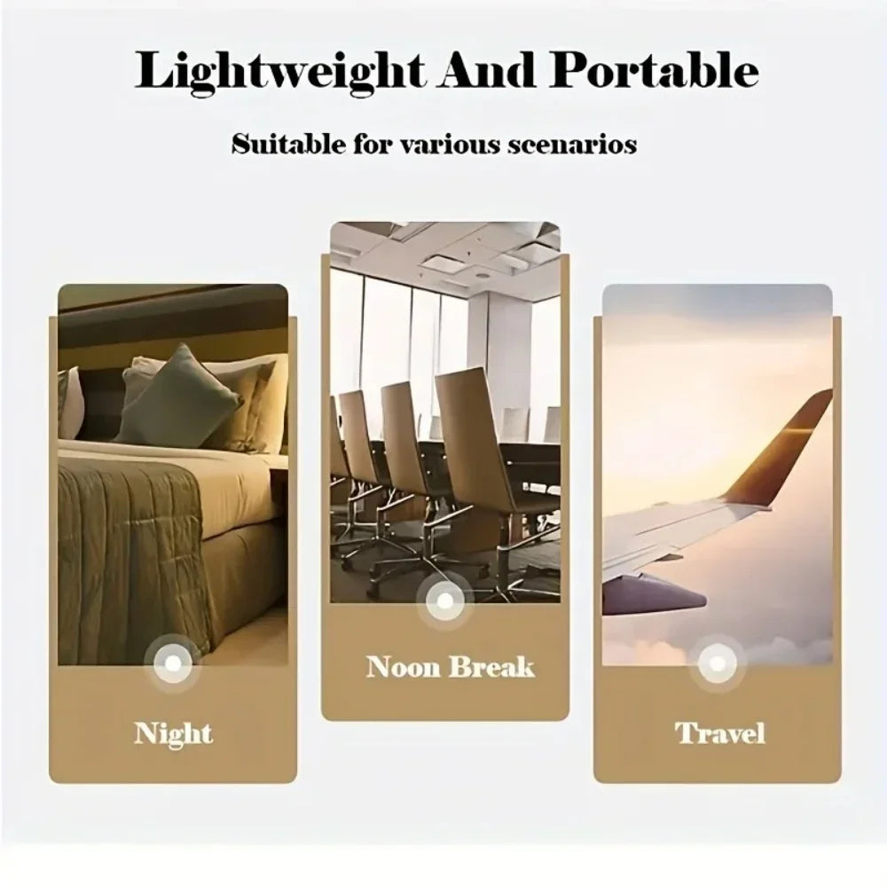 A product image showing a memory foam sleep mask suitable for night, noon break, and travel scenarios.