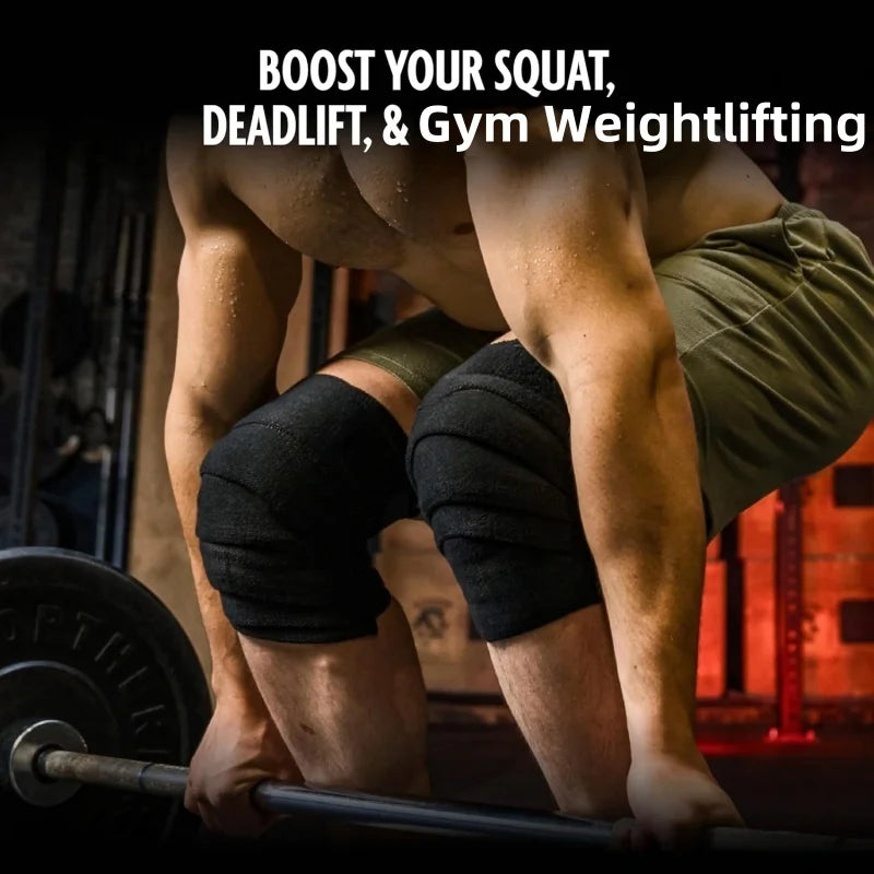 A person performing a heavy lift, wearing black knee wraps and olive green athletic shorts.
