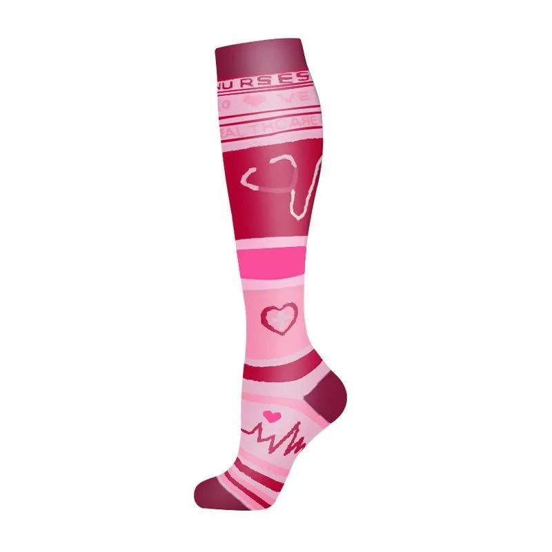 A pink compression sock with a heart design, shown vertically.