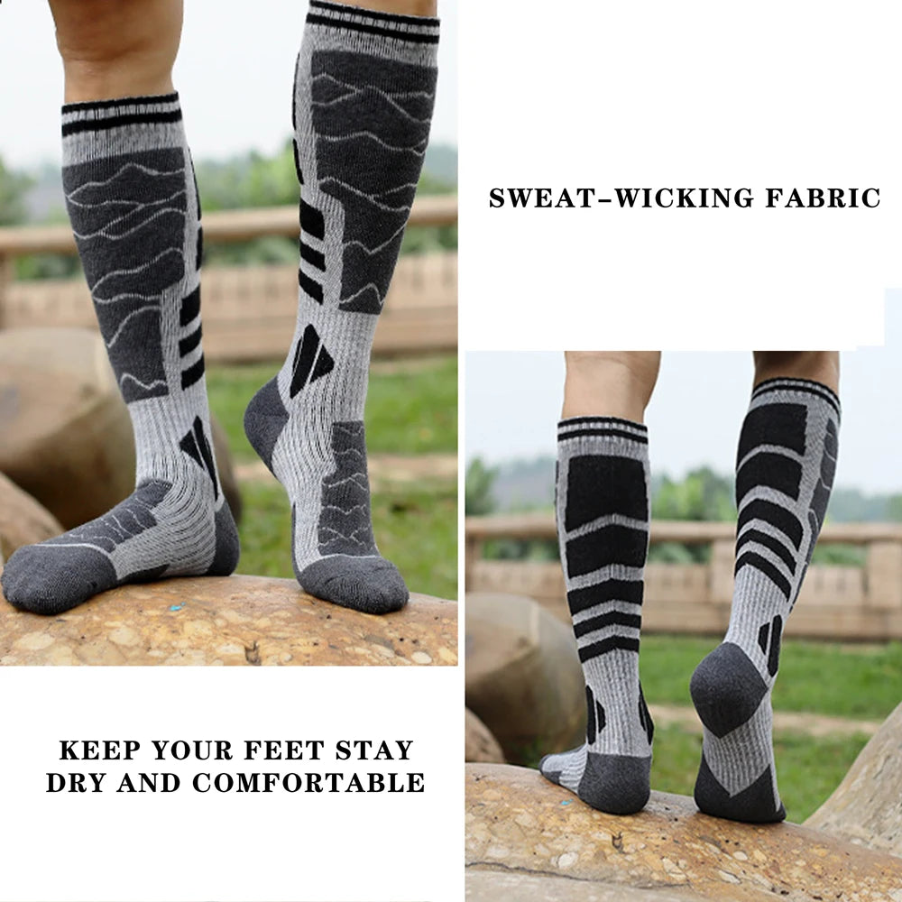Calcetines térmicos de lana merino gris y negro, transpirables y de compresión, usados al aire libre