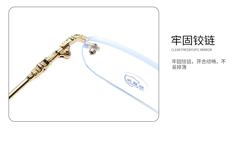 A pair of clear, frameless blue light blocking glasses with gold-toned arms.