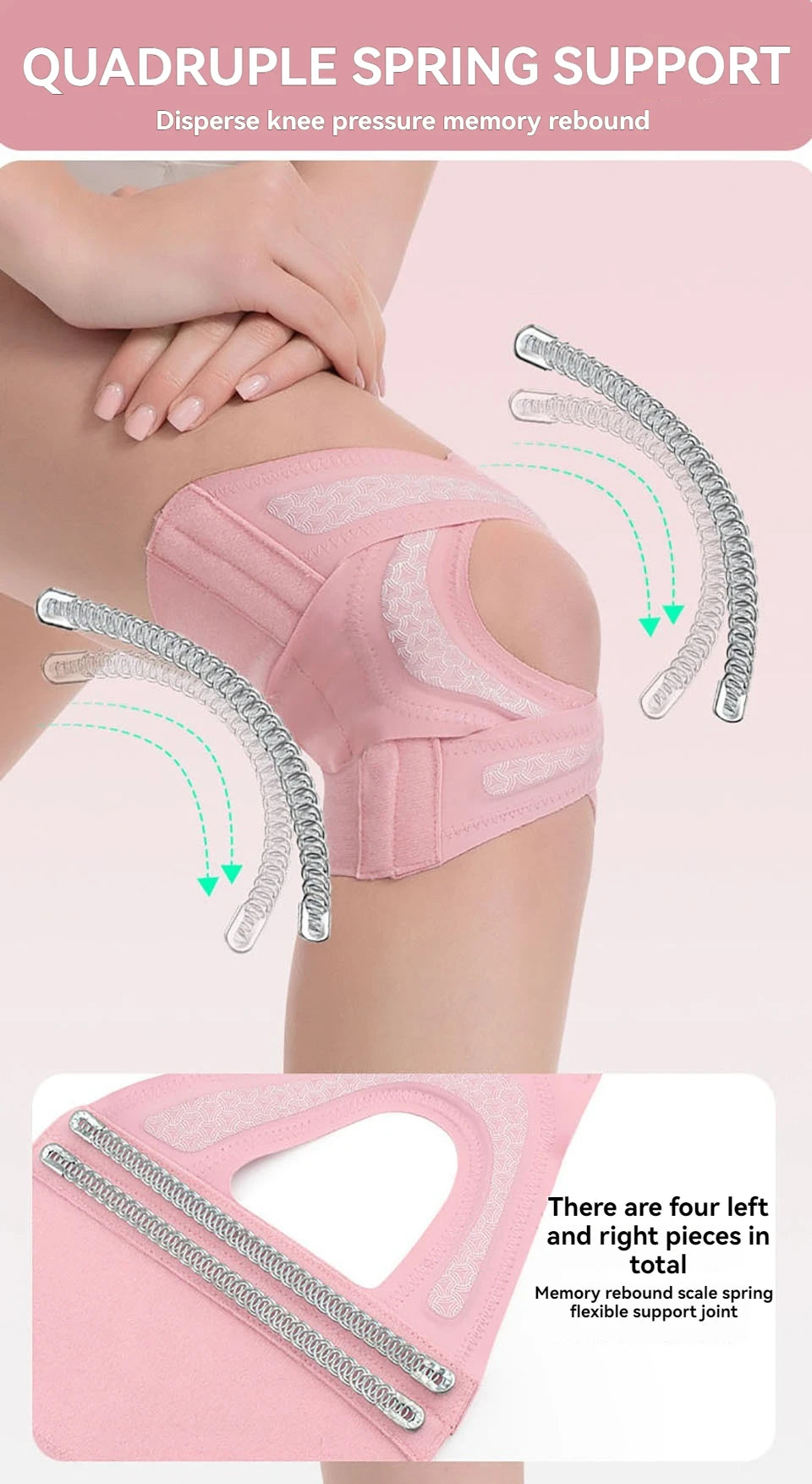 Rosa Vierfach-Feder-Kniebandage mit flexibler Unterstützung und vier Kompressionsteilen