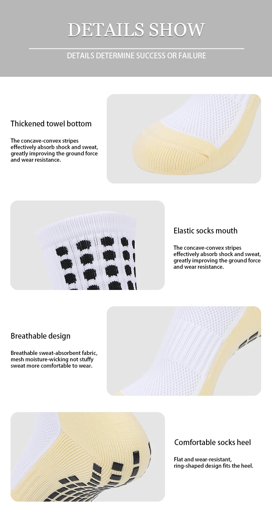 Close-up details of a white and yellow non-slip football leg sleeve showing thickened bottom, elastic mouth, breathable fabri