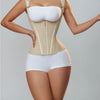 A woman models a beige adjustable body shaper corset vest top and matching white briefs.