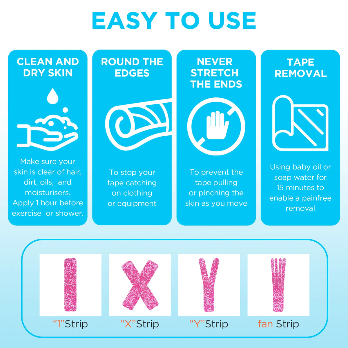 A set of five strips of kinesiology tape including a strip, X strip, Y strip, and fan strip