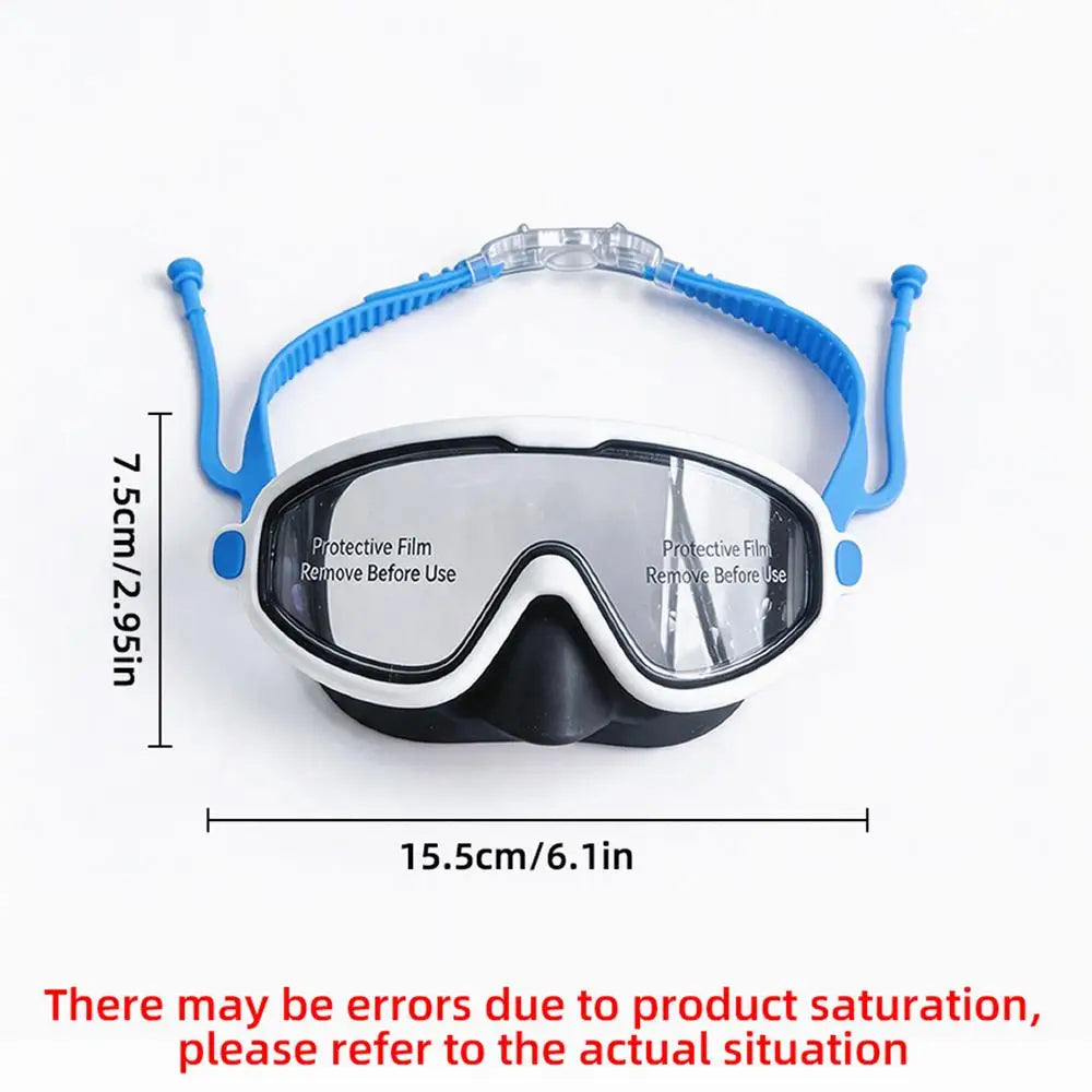 A pair of blue swimming goggles with clear anti-fog lenses shown against a white background.