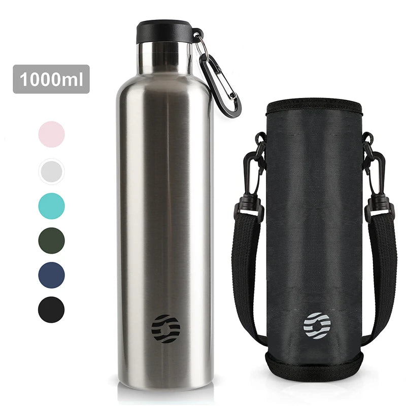 A silver 1000ml stainless steel insulated thermos bottle and a black insulated water bottle with a carrying strap.