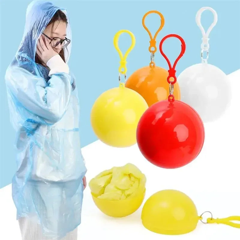 A person wearing a blue disposable rain poncho is shown next to various colored floating toys.