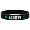 Black silicone wristband with the word ACHIEVE printed in white and green arrows