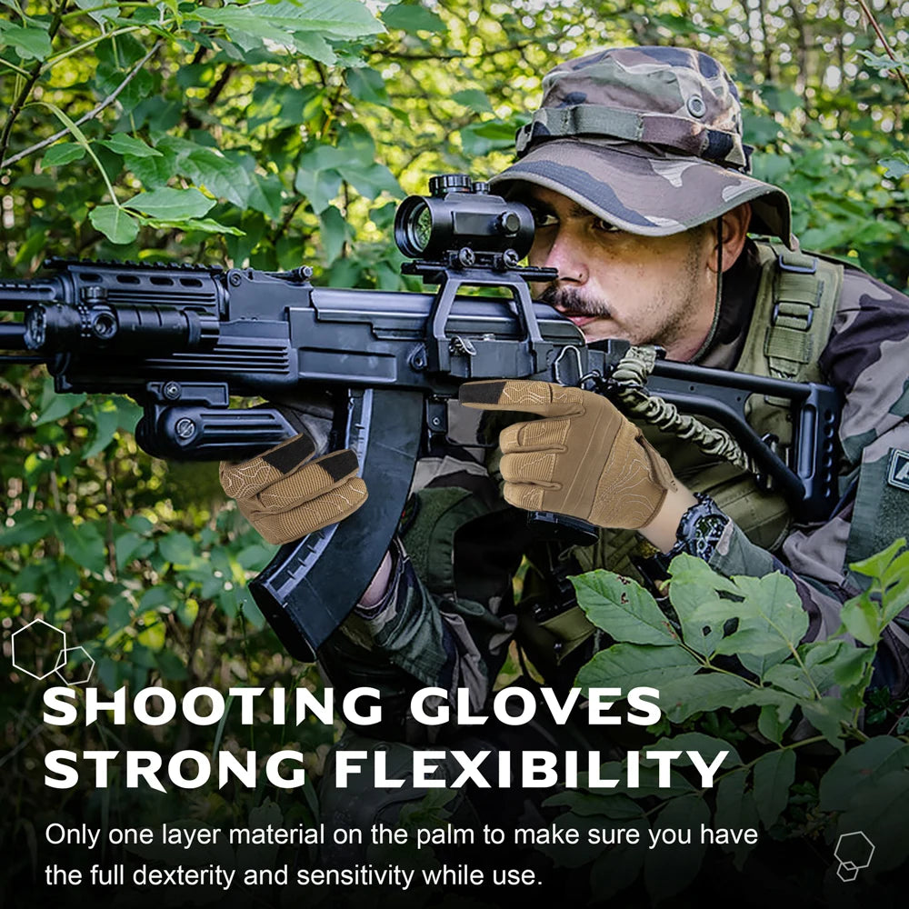 A man in camouflage is holding a black rifle while wearing shooting gloves in a wooded outdoor setting.
