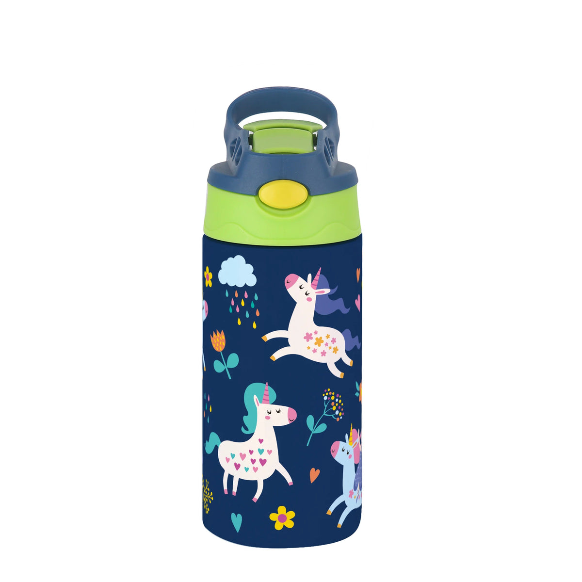A blue and white cartoon pattern insulated stainless steel thermos cup with a green lid.