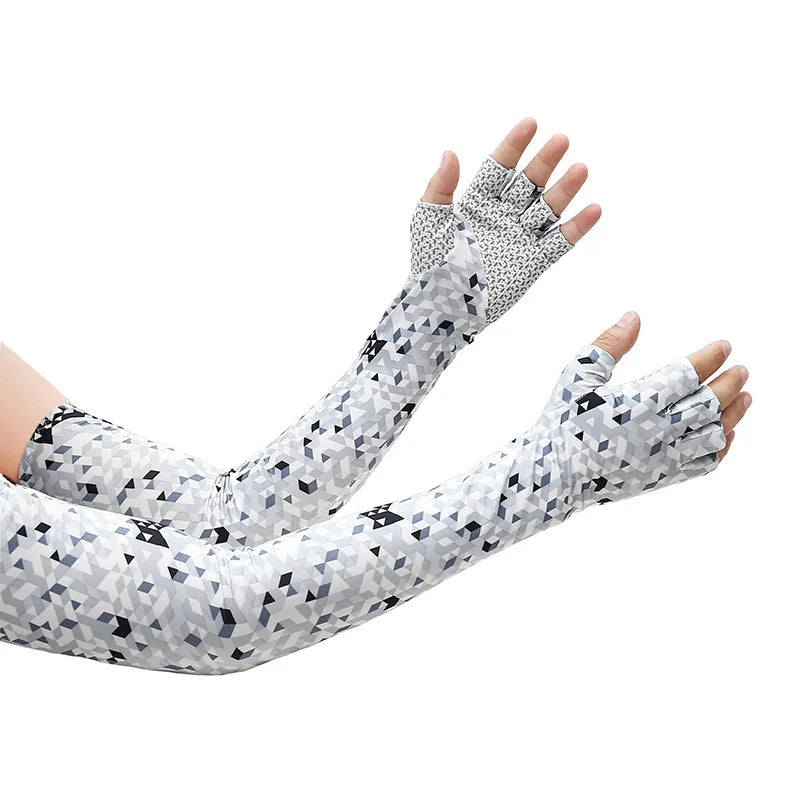 A hand wearing patterned, long-sleeved arm and hand protection sleeves.