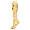 A pair of yellow compression socks with multicolored stripes on the top edge.