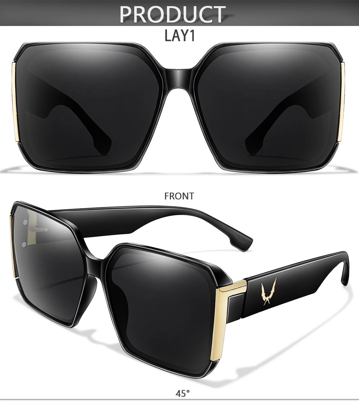 A pair of black square sunglasses shown in front view and laydown, featuring gold accents.